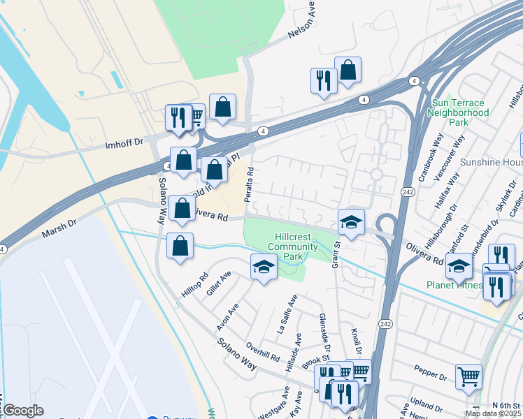 map of restaurants, bars, coffee shops, grocery stores, and more near 2000 Dalis Drive in Concord