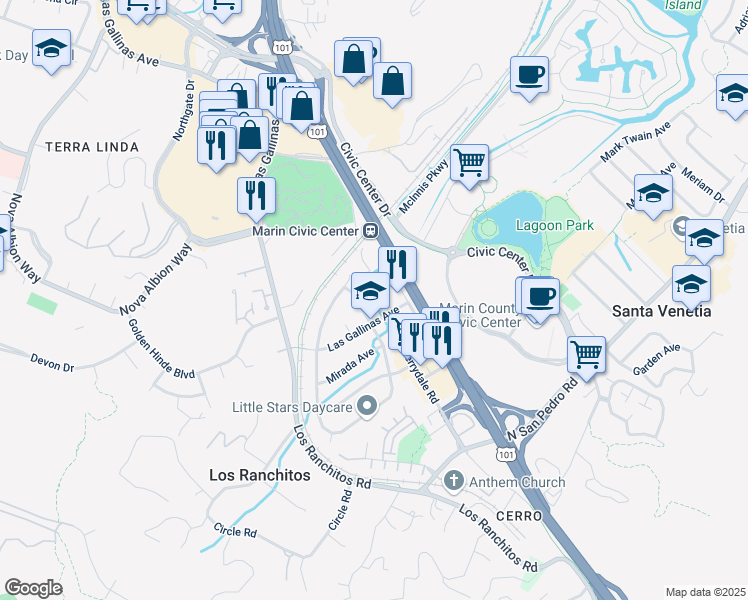 map of restaurants, bars, coffee shops, grocery stores, and more near 404 Corrillo Drive in San Rafael