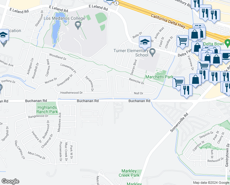 map of restaurants, bars, coffee shops, grocery stores, and more near 2648 Sheppard Way in Antioch
