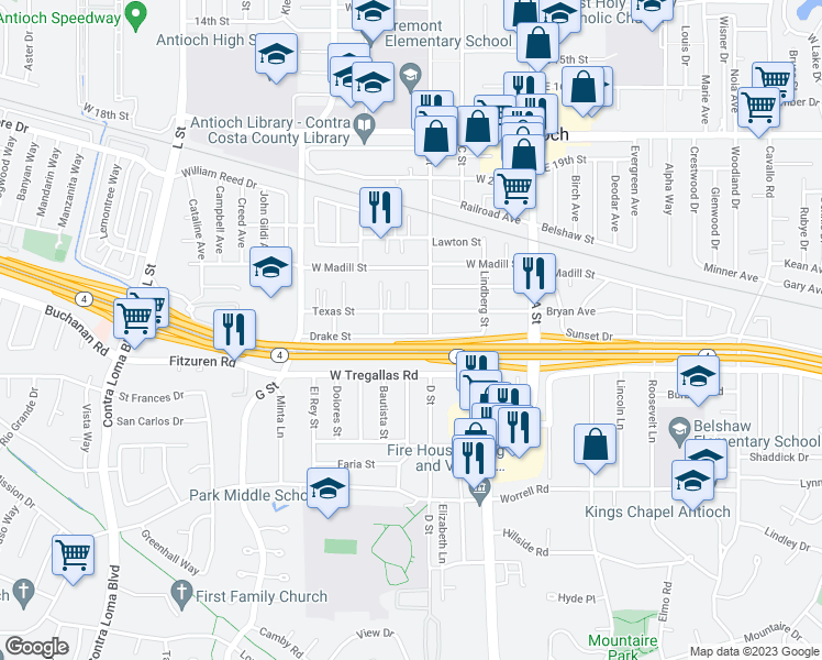 map of restaurants, bars, coffee shops, grocery stores, and more near 316 Drake Street in Antioch
