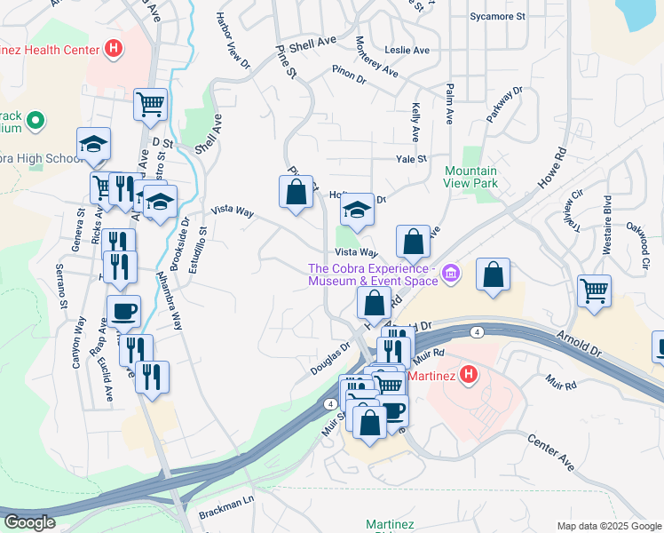 map of restaurants, bars, coffee shops, grocery stores, and more near 3215 Pine Street in Martinez