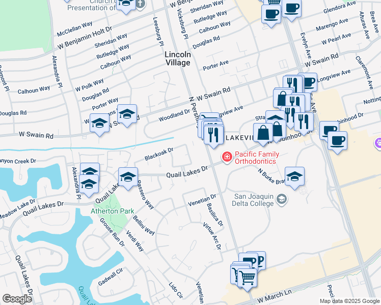map of restaurants, bars, coffee shops, grocery stores, and more near 1560 Silver Creek Circle in Stockton
