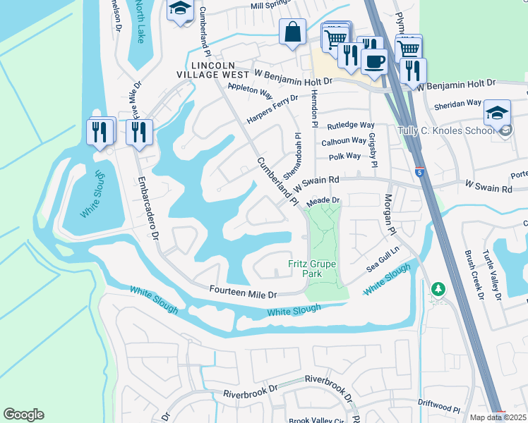 map of restaurants, bars, coffee shops, grocery stores, and more near 6112 Portsmouth Place in Stockton