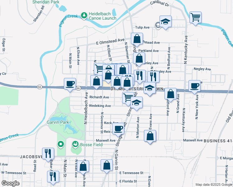 map of restaurants, bars, coffee shops, grocery stores, and more near 500 Richardt Avenue in Evansville