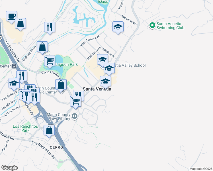 map of restaurants, bars, coffee shops, grocery stores, and more near 164 North San Pedro Road in San Rafael