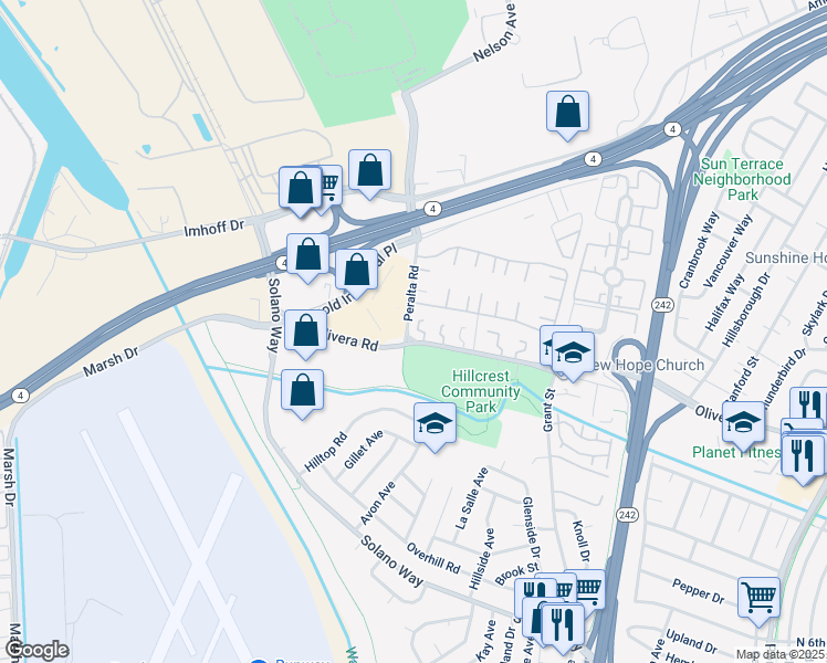 map of restaurants, bars, coffee shops, grocery stores, and more near 2005 Olivera Road in Concord