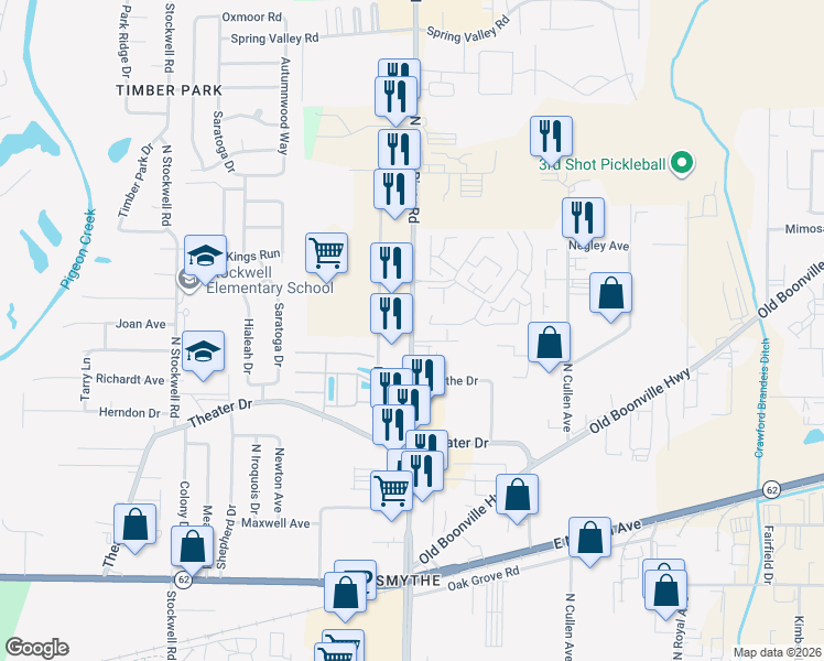 map of restaurants, bars, coffee shops, grocery stores, and more near 2555 North Green River Road in Evansville