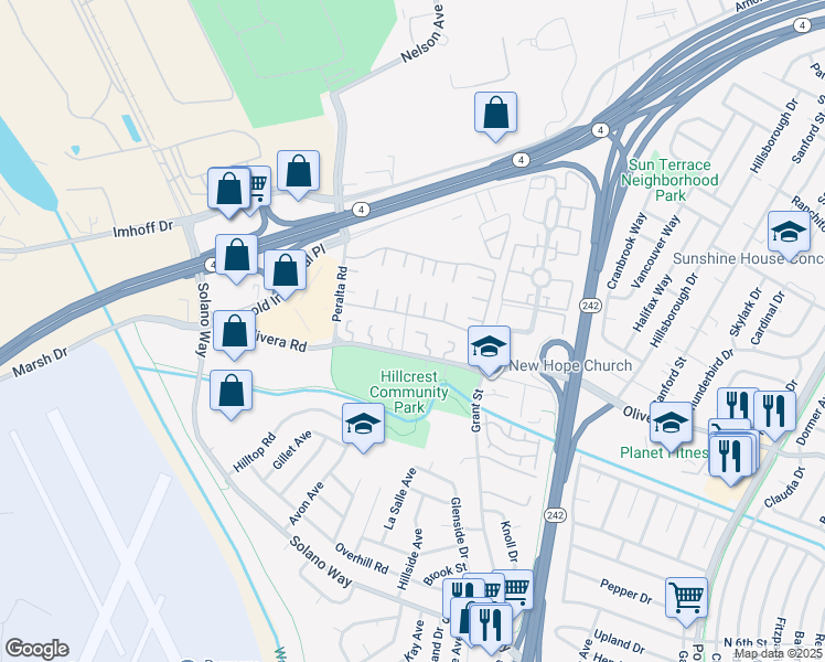 map of restaurants, bars, coffee shops, grocery stores, and more near 2067 Olivera Road in Concord