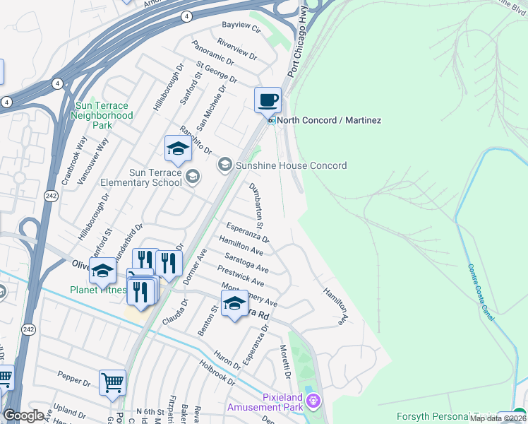 map of restaurants, bars, coffee shops, grocery stores, and more near 3570 Dumbarton Street in Concord