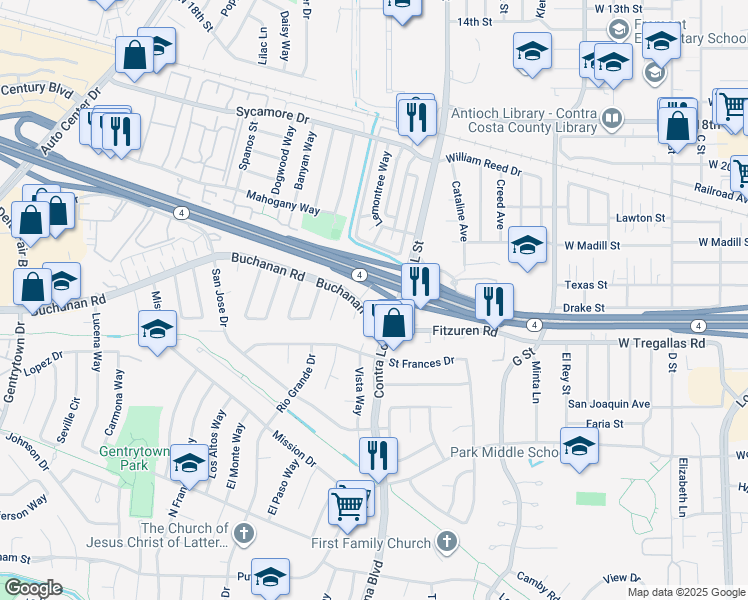map of restaurants, bars, coffee shops, grocery stores, and more near California Delta Highway in Antioch