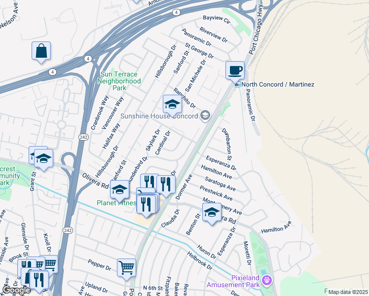 map of restaurants, bars, coffee shops, grocery stores, and more near 3579 Thunderbird Drive in Concord