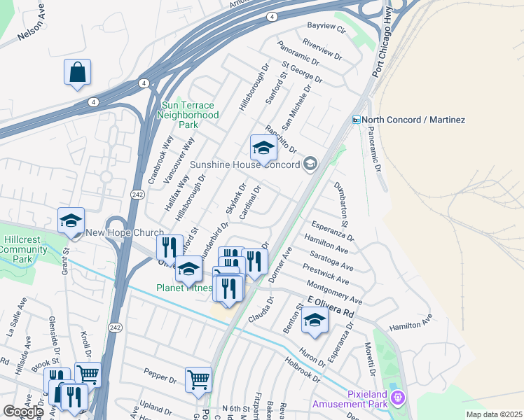 map of restaurants, bars, coffee shops, grocery stores, and more near 3561 Falcon Drive in Concord