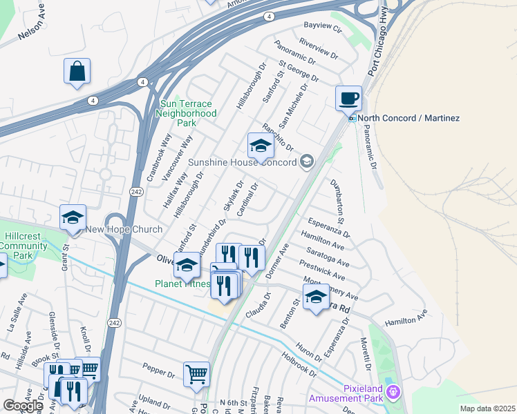map of restaurants, bars, coffee shops, grocery stores, and more near 3561 Falcon Drive in Concord