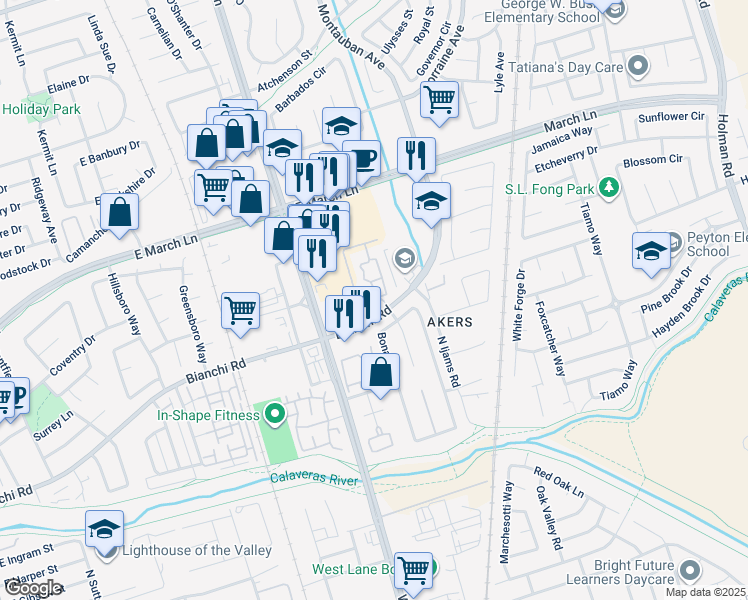 map of restaurants, bars, coffee shops, grocery stores, and more near 1633 East Bianchi Road in Stockton