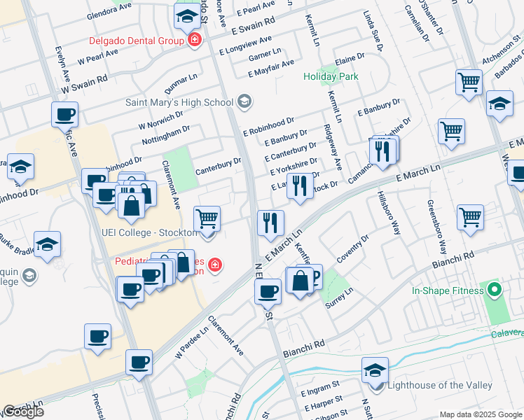 map of restaurants, bars, coffee shops, grocery stores, and more near 219 East Lancaster Drive in Stockton
