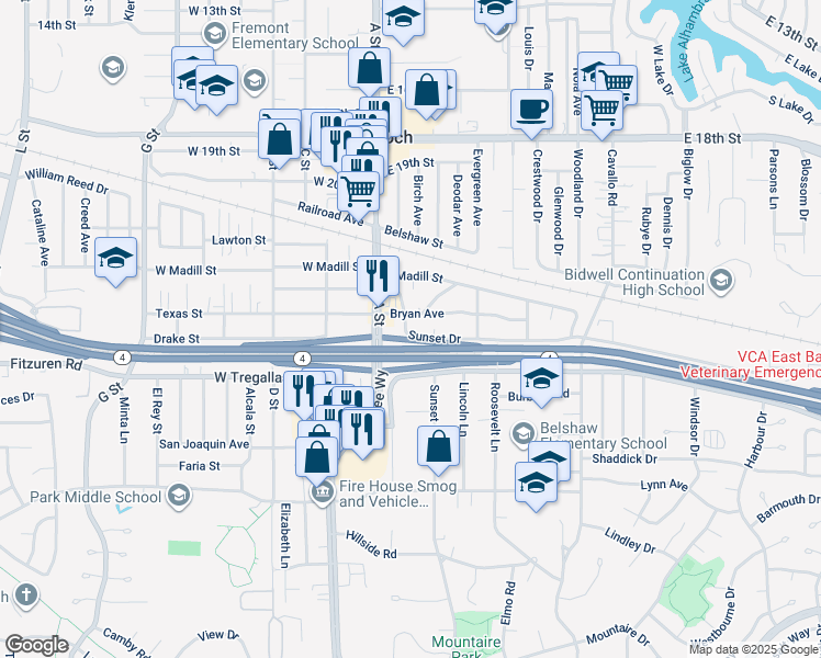map of restaurants, bars, coffee shops, grocery stores, and more near 15 Bryan Avenue in Antioch