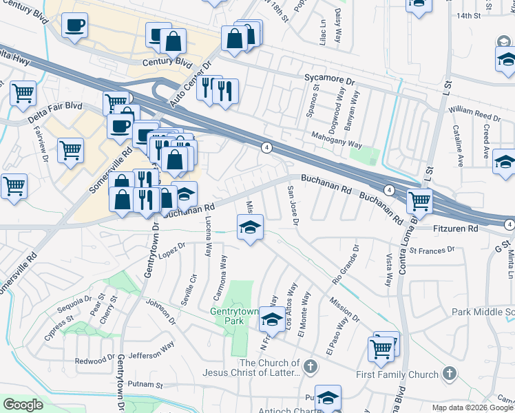map of restaurants, bars, coffee shops, grocery stores, and more near 2793 Barcelona Circle in Antioch