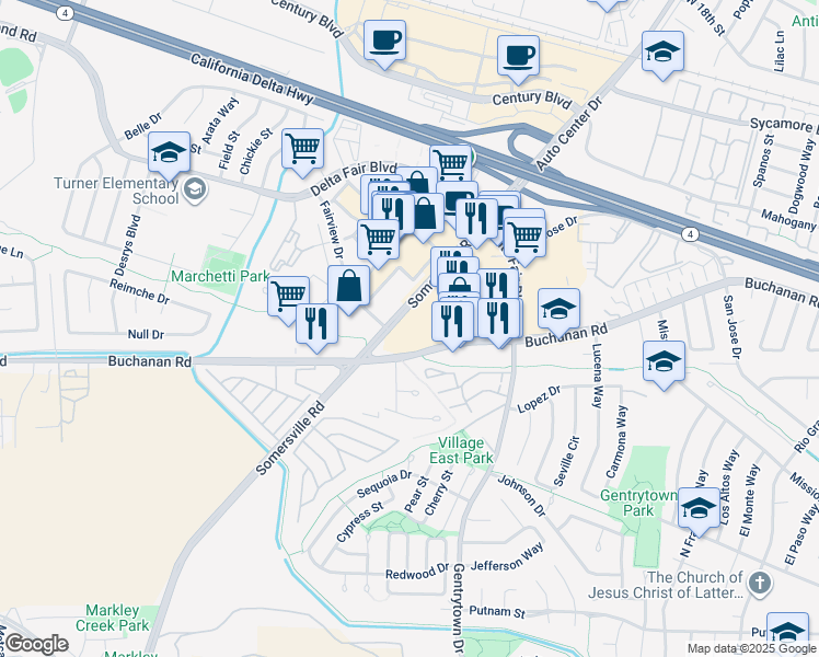 map of restaurants, bars, coffee shops, grocery stores, and more near 2621 Somersville Road in Antioch