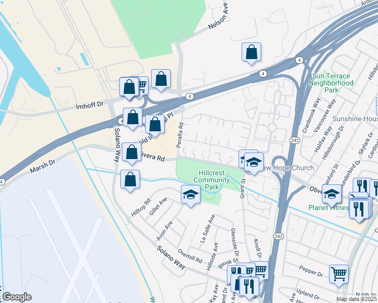 map of restaurants, bars, coffee shops, grocery stores, and more near 2015 Olivera Road in Concord