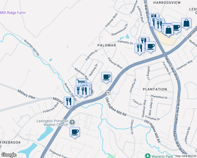 map of restaurants, bars, coffee shops, grocery stores, and more near 2117 Mangrove Drive in Lexington