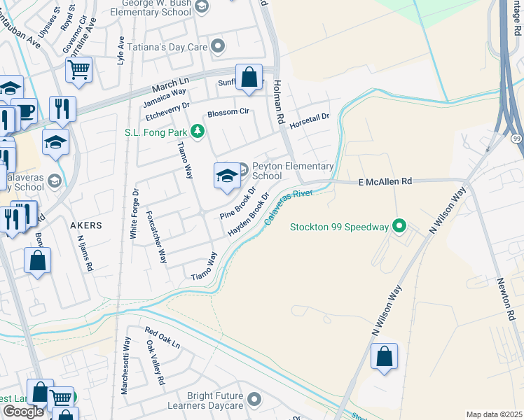 map of restaurants, bars, coffee shops, grocery stores, and more near 2570 Pine Brook Drive in Stockton
