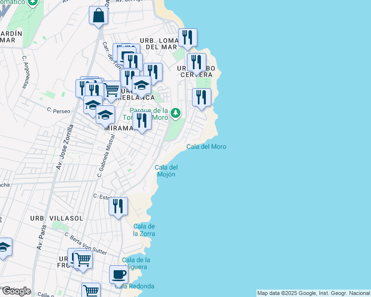 map of restaurants, bars, coffee shops, grocery stores, and more near Av de los Españoles in Torrevieja