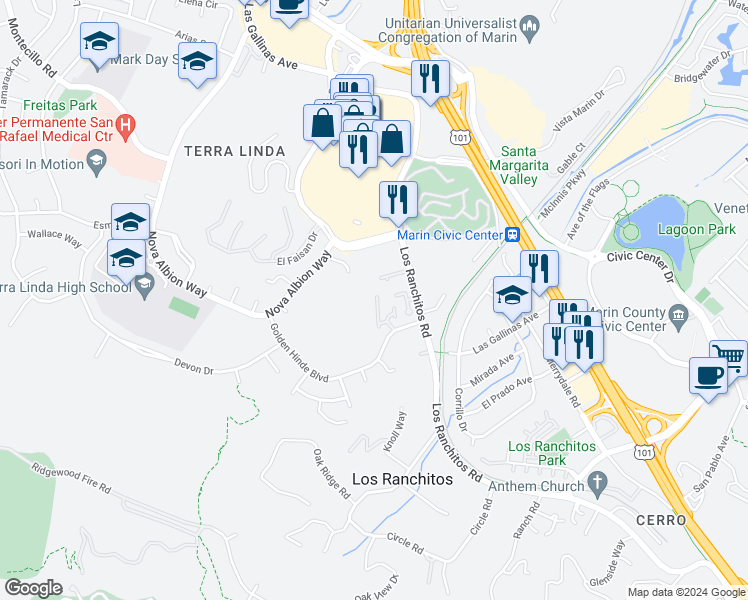 map of restaurants, bars, coffee shops, grocery stores, and more near 45 Summerhill Way in San Rafael