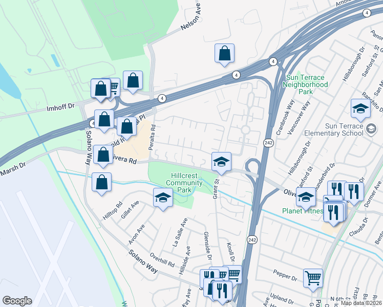 map of restaurants, bars, coffee shops, grocery stores, and more near 2069 Olivera Road in Concord