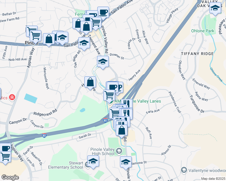 map of restaurants, bars, coffee shops, grocery stores, and more near 1300 Pinole Valley Road in Pinole