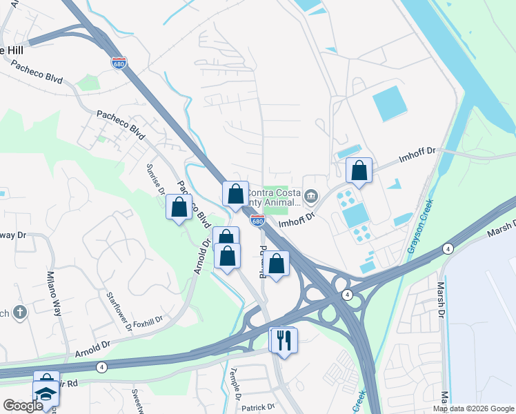 map of restaurants, bars, coffee shops, grocery stores, and more near 4800 Blum Road in Martinez