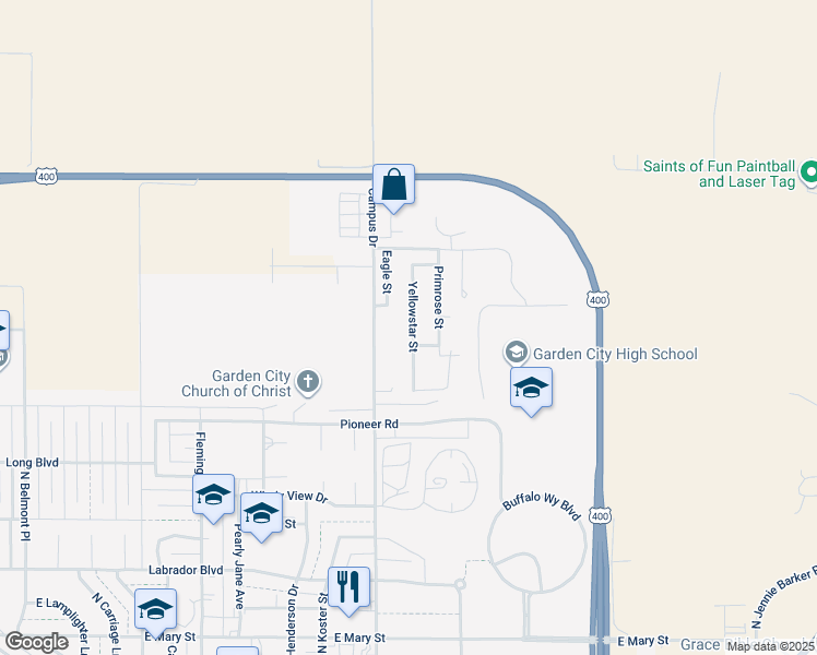 map of restaurants, bars, coffee shops, grocery stores, and more near 3304 Eagle Street in Garden City