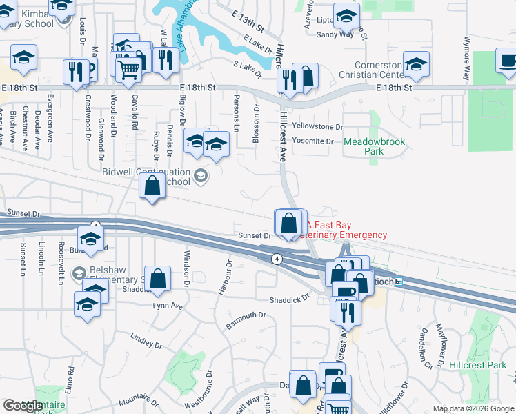 map of restaurants, bars, coffee shops, grocery stores, and more near 2299 Renwick Lane in Antioch