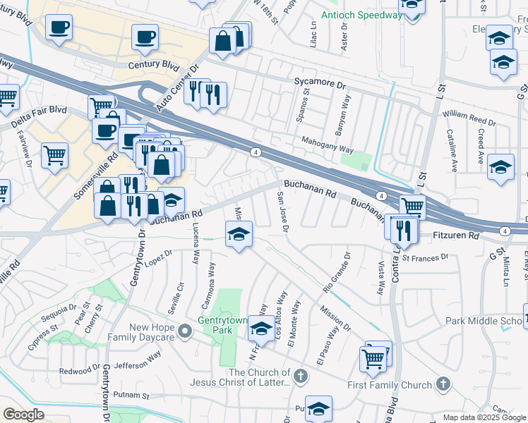 map of restaurants, bars, coffee shops, grocery stores, and more near 2724 Barcelona Circle in Antioch
