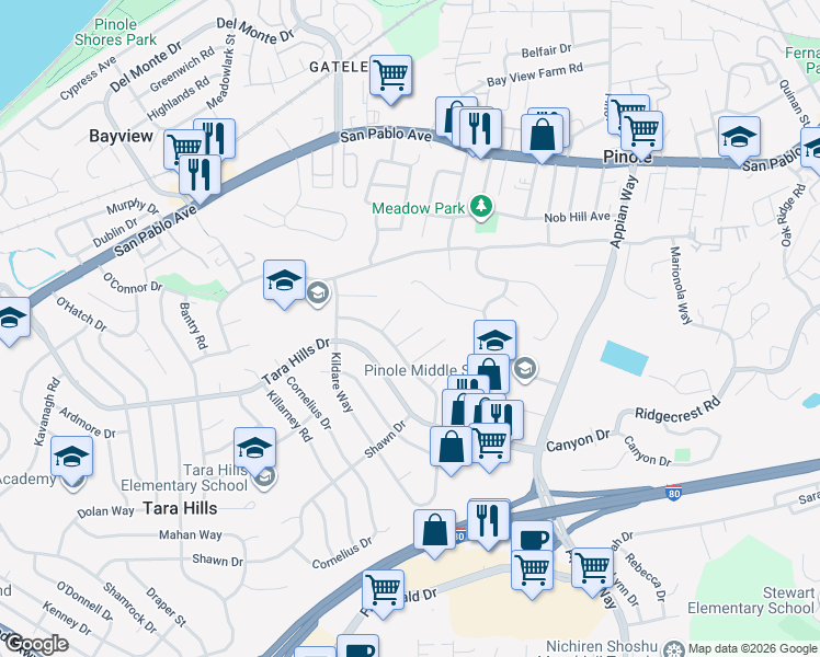 map of restaurants, bars, coffee shops, grocery stores, and more near 1340 Kilrush Court in Pinole