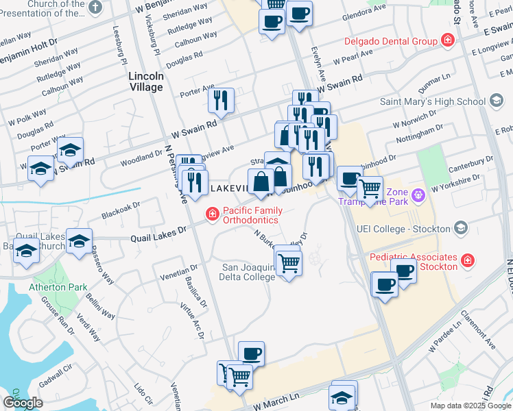 map of restaurants, bars, coffee shops, grocery stores, and more near 1151 West Robinhood Drive in Stockton