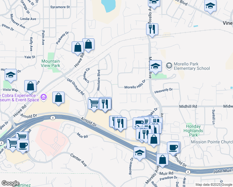 map of restaurants, bars, coffee shops, grocery stores, and more near 905 Morello Hills Drive in Martinez
