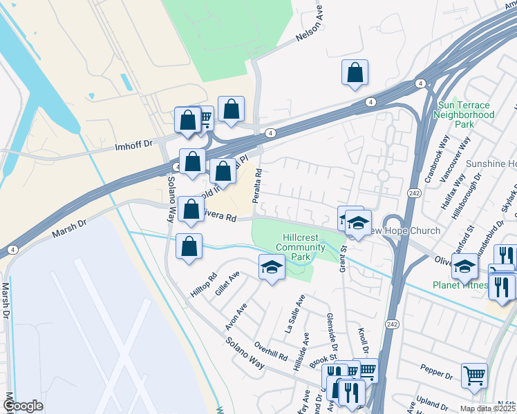 map of restaurants, bars, coffee shops, grocery stores, and more near 2005 Olivera Road in Concord