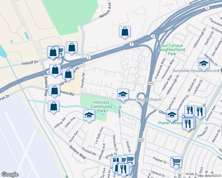 map of restaurants, bars, coffee shops, grocery stores, and more near 2110 Dalis Drive in Concord