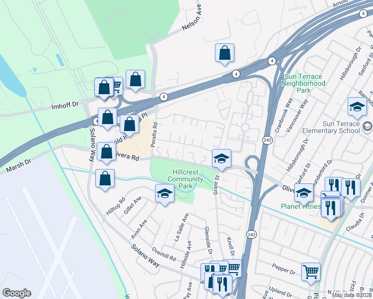 map of restaurants, bars, coffee shops, grocery stores, and more near 2067 Dalis Drive in Concord