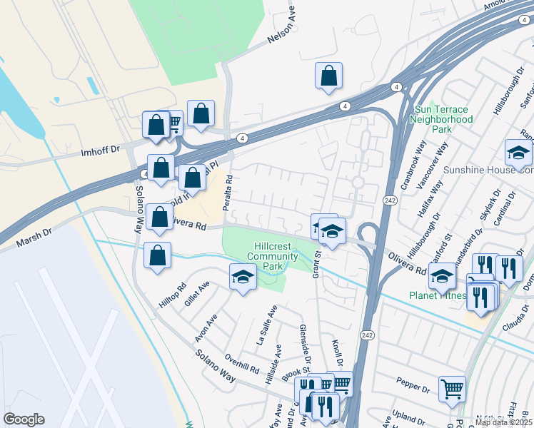 map of restaurants, bars, coffee shops, grocery stores, and more near 2032 Dalis Drive in Concord
