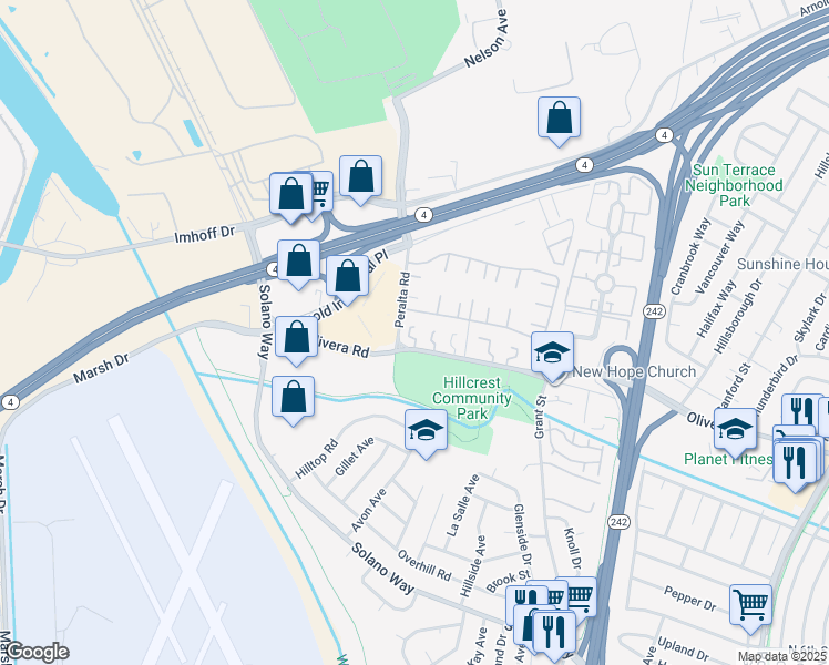 map of restaurants, bars, coffee shops, grocery stores, and more near 2000 Dalis Drive in Concord
