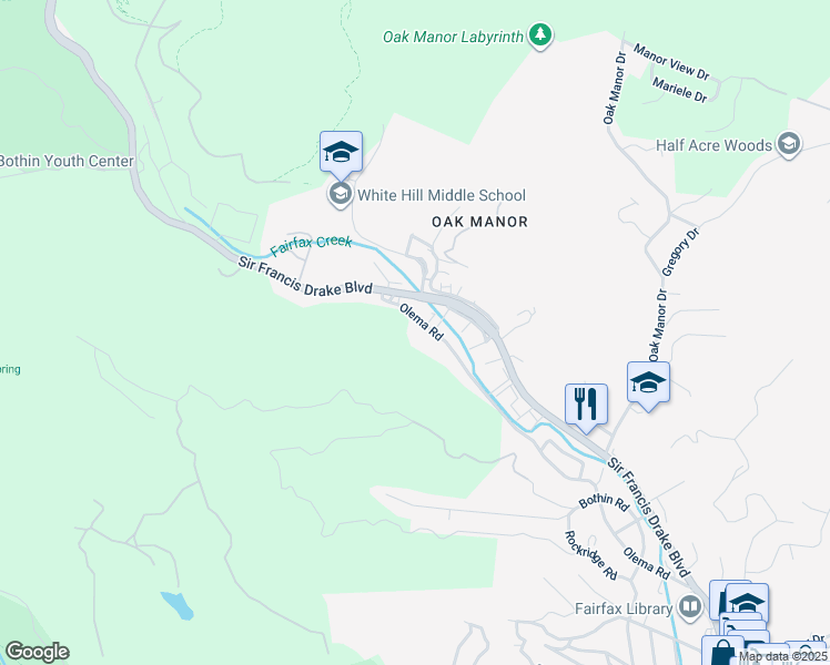 map of restaurants, bars, coffee shops, grocery stores, and more near 351 Olema Road in Fairfax