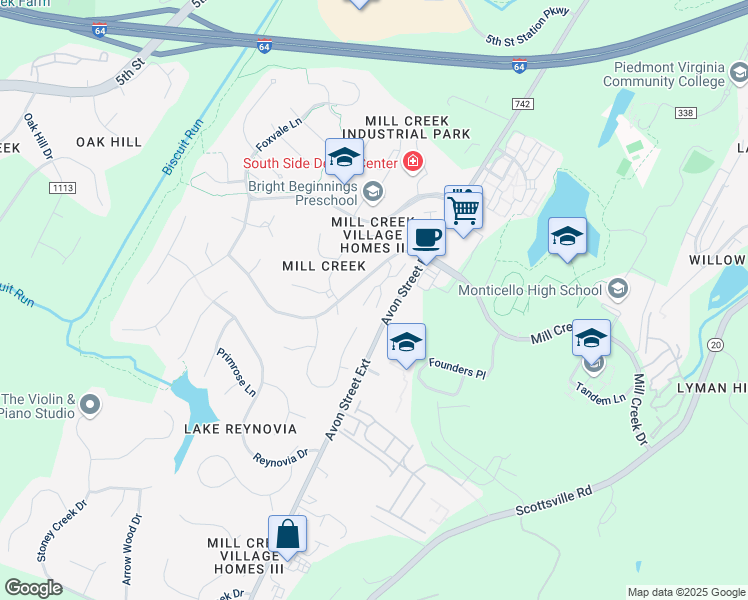 map of restaurants, bars, coffee shops, grocery stores, and more near 31 Creekside Circle in Charlottesville