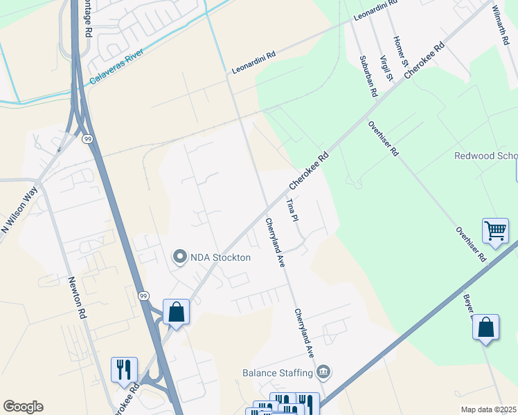 map of restaurants, bars, coffee shops, grocery stores, and more near 4723 Cherokee Road in Stockton