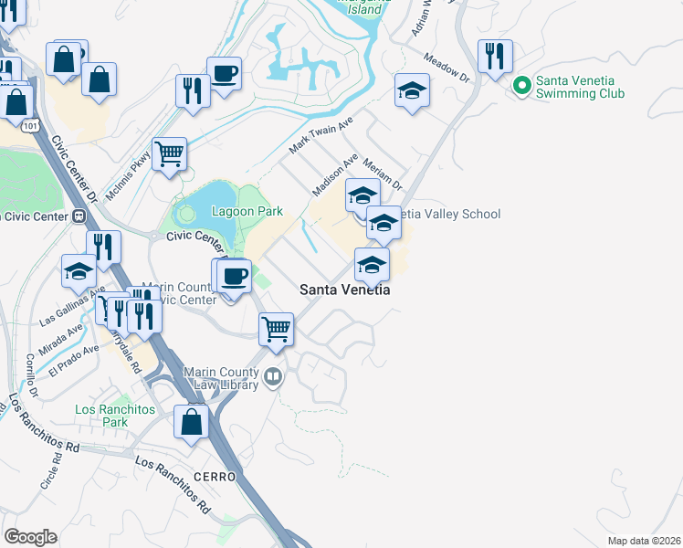 map of restaurants, bars, coffee shops, grocery stores, and more near 7 Roosevelt Avenue in San Rafael