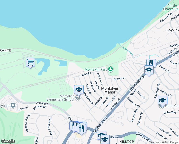 map of restaurants, bars, coffee shops, grocery stores, and more near 1339 Lettia Road in San Pablo