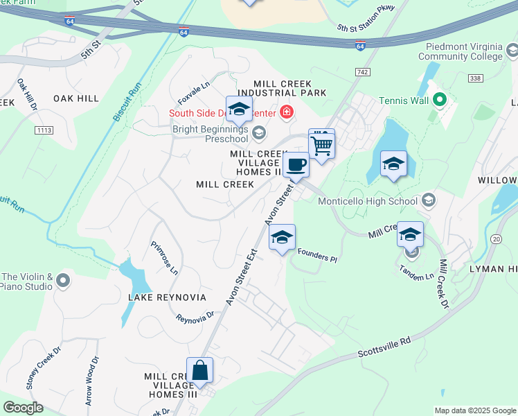 map of restaurants, bars, coffee shops, grocery stores, and more near 31 Creekside Circle in Charlottesville