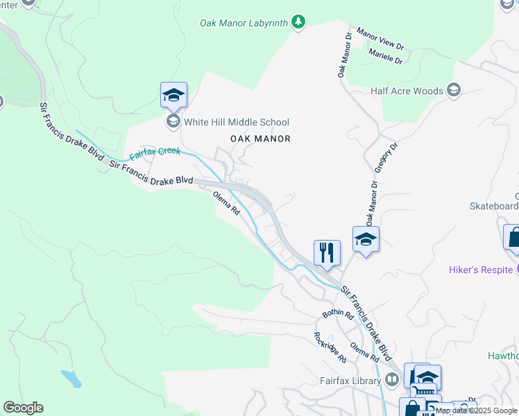 map of restaurants, bars, coffee shops, grocery stores, and more near 17 Alhambra Circle in Fairfax