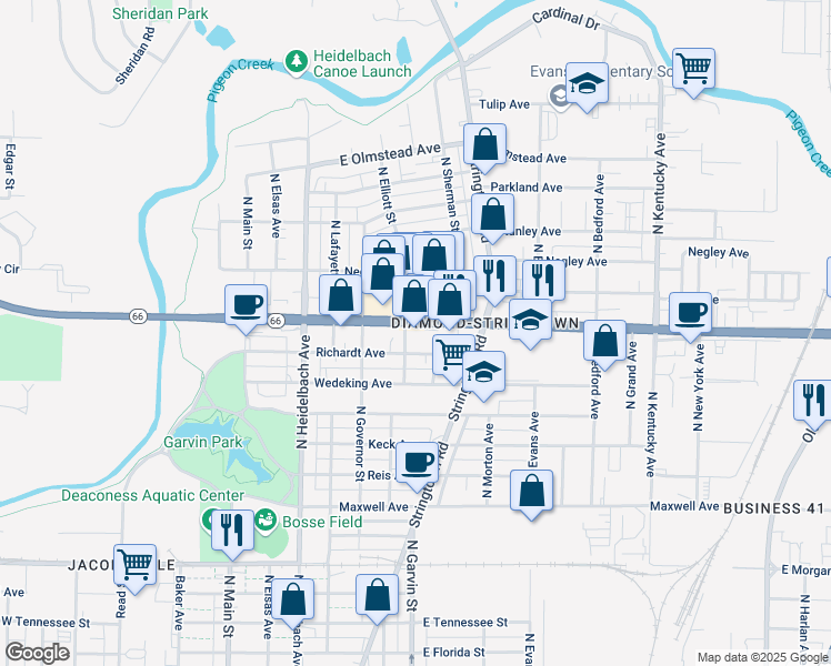 map of restaurants, bars, coffee shops, grocery stores, and more near 511 East Diamond Avenue in Evansville