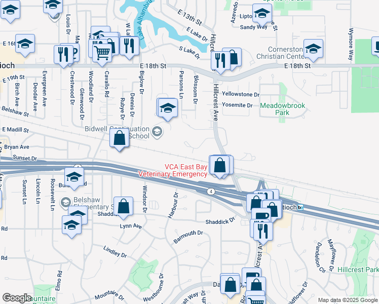 map of restaurants, bars, coffee shops, grocery stores, and more near 2253 Renwick Lane in Antioch